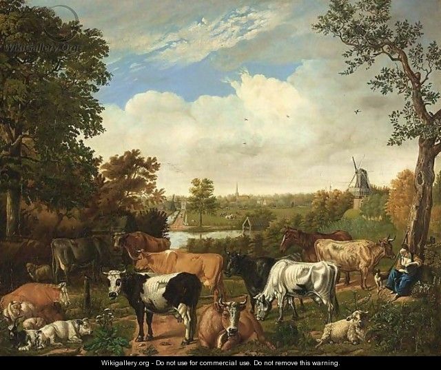 A Wooded Landscape With A Shepherdess Resting Under A Tree With Sheep, Goats And Cows, Rijswijk With The Oude Kerk Beyond - Jan van Gool