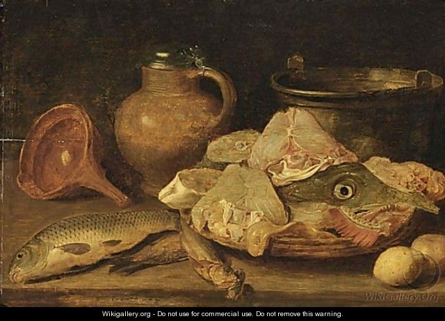 Still Life With A Carp, Herring, Other Fish On A Plate, Lemons, A Stoneware Jug, All On A Wooden Ledge - Flemish School