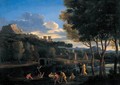 A Classical Landscape With Figures Beside A River And A Fortified Town Beyond - Etienne Allegrain