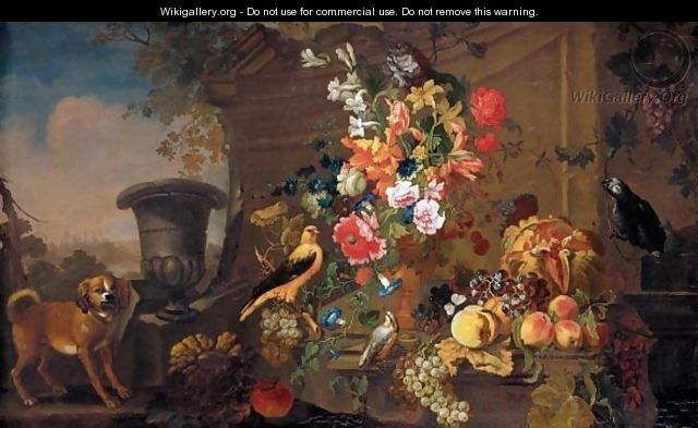 Still Life With An African Grey Parrot, A Chaffinch And Another Bird, Together With Flowers In A Bronze Urn And Grapes, Apples, A Melon And Other Fruit Together In A Landscape - (after) Franz Werner Von Tamm