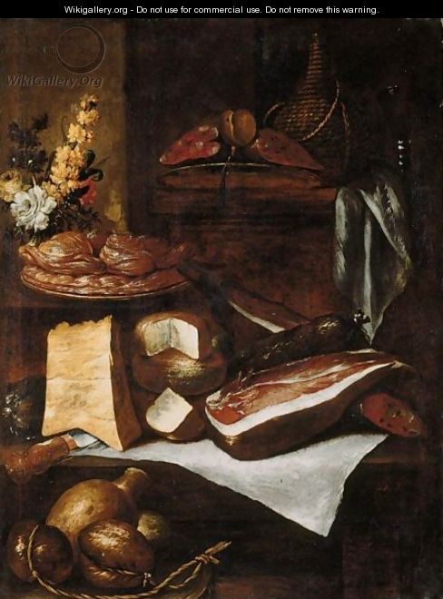 A Kitchen Still Life With A Wine Casket, Parma Ham, Salami, Cheeses, Sweetmeats On A Plate, And A Bunch Of Flowers, All Arranged On A Wooden Table And Ledge - Italian Unknown Master