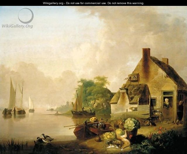 A River Landscape With Moored Sailing Boats And A Village Behind, A Still Life Of Cabbages, Carrots, Hares And A Black Hen In The Foreground - Jan van Os