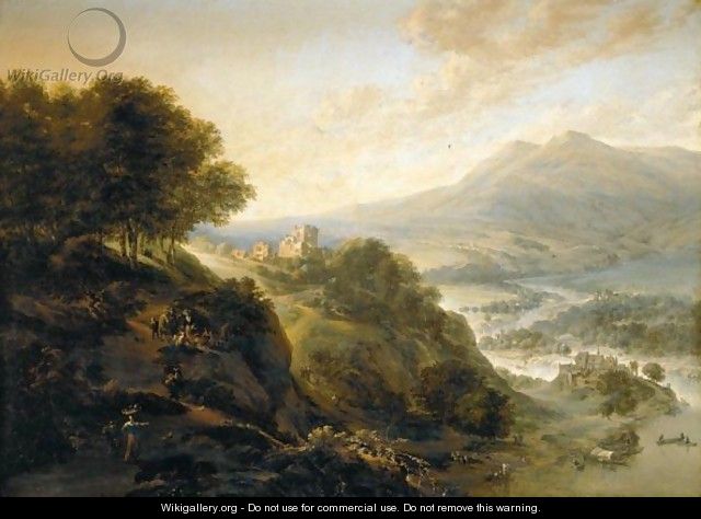 An Extensive Mountainous River Landscape With Peasants Resting By A Path, A Small Fortified Town In A Valley Beyond - Jan the Elder Griffier