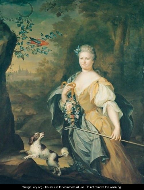 Portrait Of A Lady, Three-Quarter Length, Standing In A Wooded Landscape With A Spaniel And A Perroquet In A Tree Nearby - Hieronymus Van Der Mij