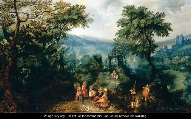 An Extensive Landscape With Elegant Figures Shooting And Promenading Beside A River, A Village And Chateau Beyond - (after) David Vinckboons