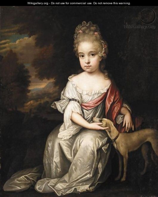 Johannes Van Haansbergen, Portrait Of A Young Girl, Full Length, Wearing White, With A Dog - Johannes Van Haansbergen