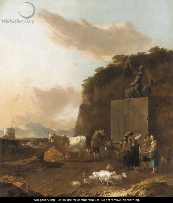 An Italianate Landscape With Dorvers And Their Animals Beside A Fountain - Jan Frans Soolmaker