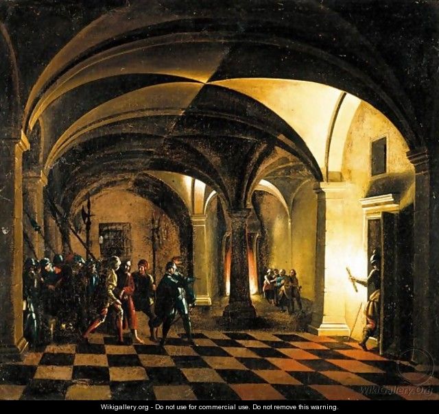 Nocturnal Church Interior With The Taking Of Christ And The Denial Of Saint Peter Beyond - (after) Hendrick Van Steenwijck II