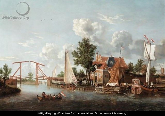 A Dutch River Landscape With Three Ships And A Boat - (after) Jacobus Storck