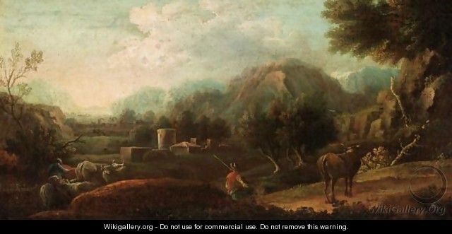 Extensive Mountainous Landscape With Drovers And Their Animals In The Foreground, A Village Beyond - Francesco Robonelli