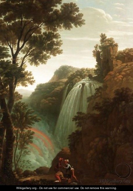 Landscape With Bandits Dividing Their Spoils Before A Waterfall - (after) Claude Louis Chatelet