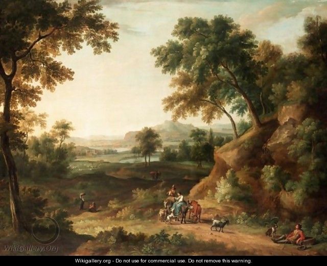 Extensive Italianate Landscape With Drovers And Their Animals On A Track - Anglo-Flemish School