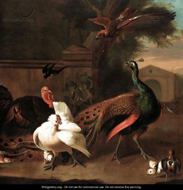 A Peacock With A Turkey, Hen And Chicks And A Swallow Startled By A Bird Of Prey In An Ornamental Garden - (after) Melchior D