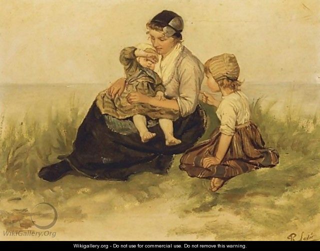 A Mother And Her Children In The Dunes - Philippe Lodowyck Jacob Sadee
