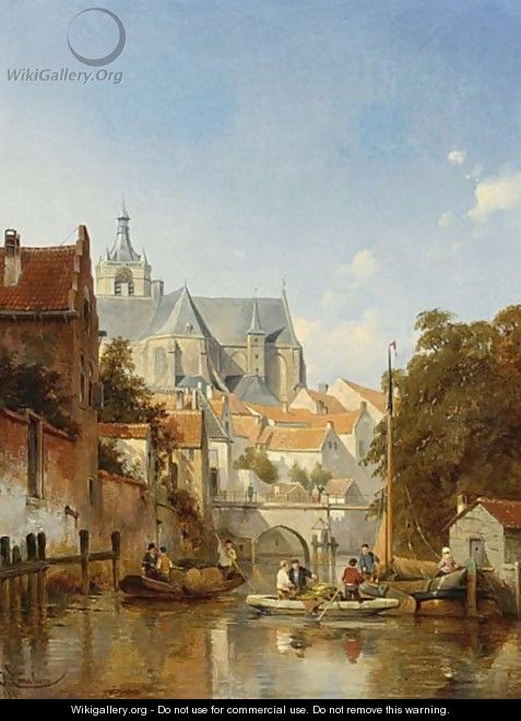 A Town Scene With Figures On A Canal - Jacques Carabain
