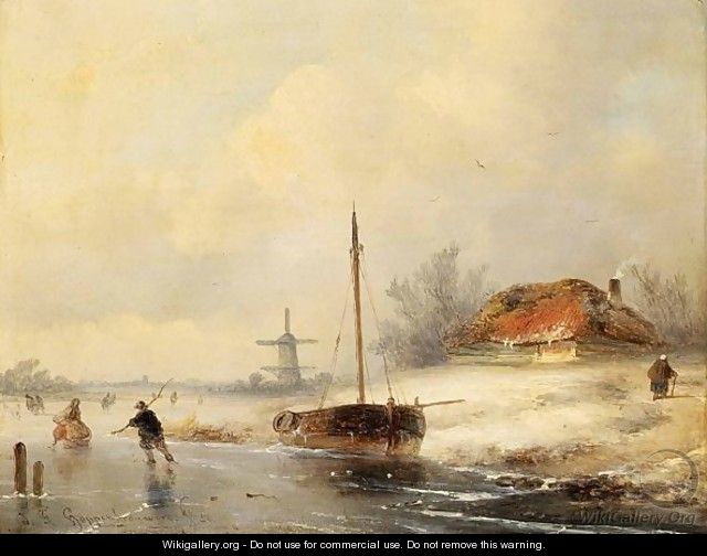 Skaters On A Frozen Waterway - Johannes Franciscus Hoppenbrouwers