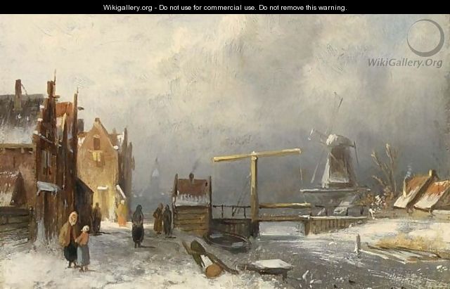 Villagers In A Snow Covered Dutch Town, A Windmill In The Distance - Charles Henri Leickert