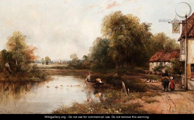 River Landscape With Figures By An Inn - Frederick Waters Watts