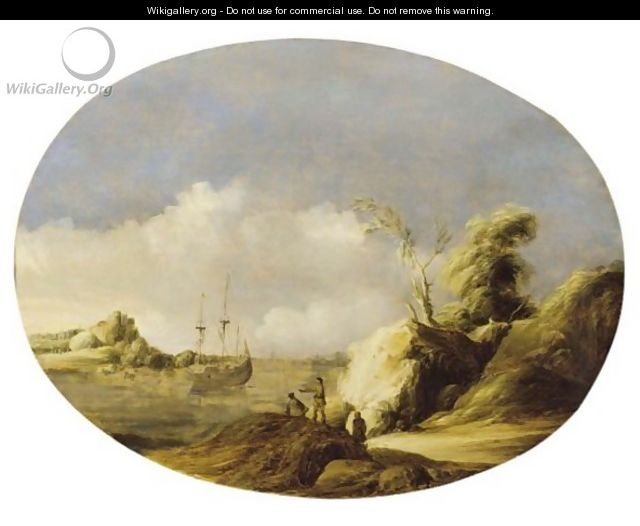 A Coastal Landscape With A Sailing Vessel At Anchor And Figures In The Foreground - Gillis The Elder Peeters