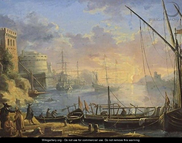 A Mediterranean Harbour Scene At Sunset With Boats Moored At A Quay In The Foreground - (after) Abraham Casembrot