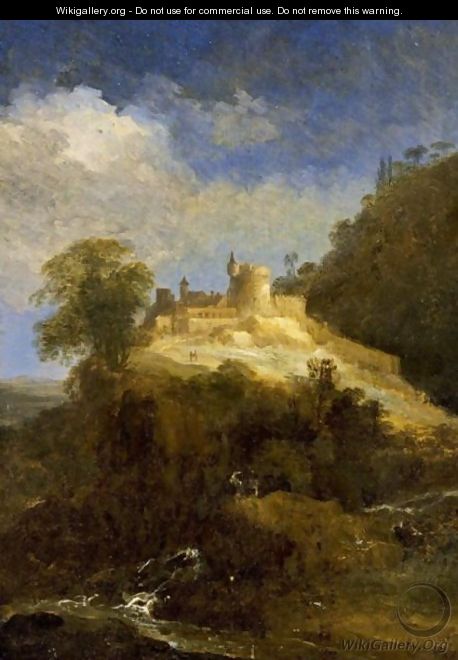 A Mountainous Landscape With A Goat Near A Stream And Travellers On A Path Towards A Castle - Adriaen Van Diest