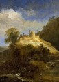 A Mountainous Landscape With A Goat Near A Stream And Travellers On A Path Towards A Castle - Adriaen Van Diest