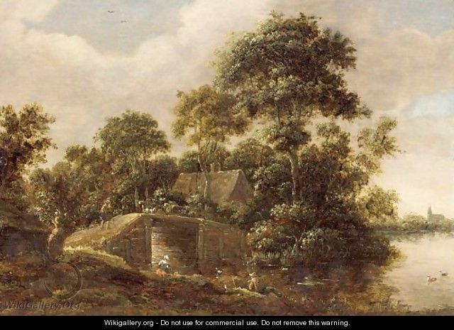 A River Landscape With A Fisherman Near A Bridge, A Cottage In The Woods Beyond And A Church In The Background - (after) Salomon Rombouts