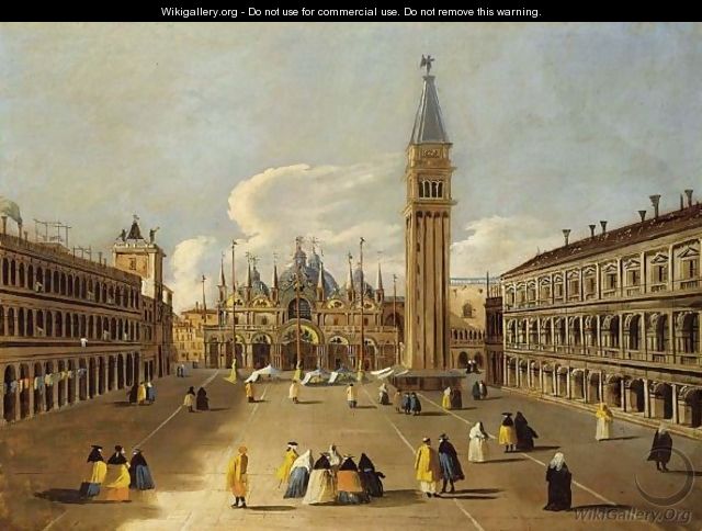 Venice A View Of The Piazza San Marco With Elegant Figures Dressed In Carnival Costumes - (after) (Giovanni Antonio Canal) Canaletto