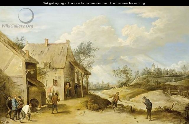 A Village Scene With Peasants Bowling Outside An Inn, A View Of A Church Beyond - (after) David The Younger Teniers