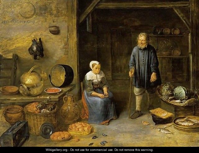 A Barn Interior With A Maid Opening Mussels And A Man With A Stick Standing, Together With A Still Life Of Vegetables And Fruits In Baskets, Crabs And Other Fish, And Pots And Other Stoneware On A Table - Gillis van Tilborgh