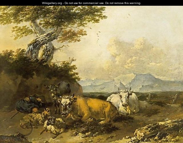 Cows And Sheep In An Italianate Landscape With A Shepherd Resting - Jan Frans Soolmaker