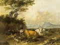 Cows And Sheep In An Italianate Landscape With A Shepherd Resting - Jan Frans Soolmaker