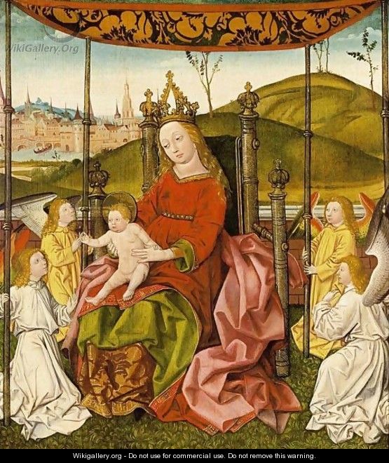 The Enthroned Virgin And Child, Accompanied By Four Angels Holding A Canopy, A Cityscape Near A River Beyond - German School