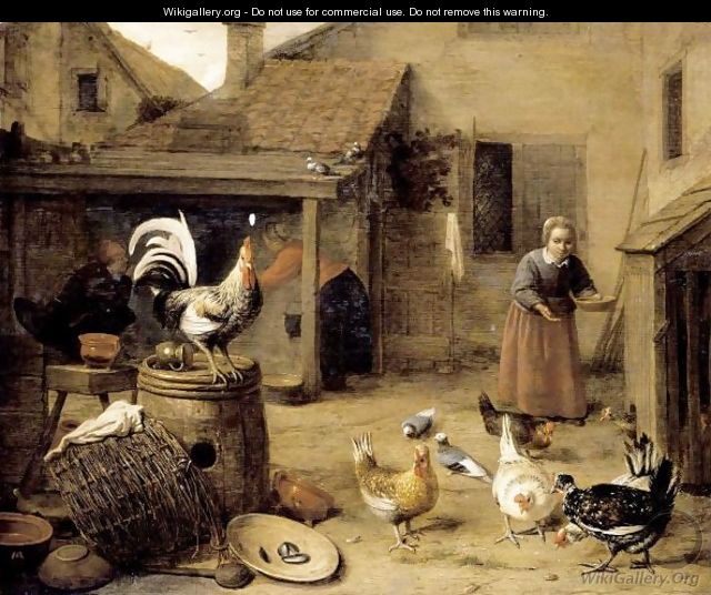 A Court With A Maid Feeding Hens And A Cockerel Perched Upon A Wooden Barrel - Hendrick Maertensz. Sorch (see Sorgh)