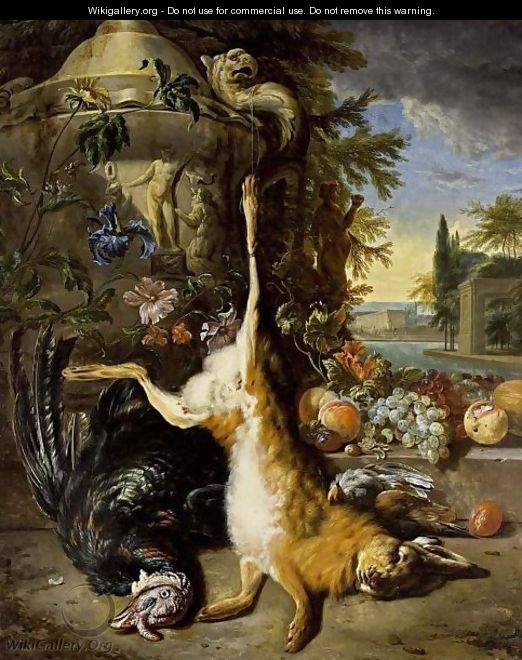 A Hunting Still Life With A Hare, A Turkey And Partridges Near A Sculpted Vase With An Iris And Other Flowers, Together With Grapes, Peaches And Prunes On A Stone Ledge, All In A Park Setting With A View Of A Palace Beyond - (after) Jan Weenix