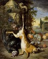 A Hunting Still Life With A Hare, A Turkey And Partridges Near A Sculpted Vase With An Iris And Other Flowers, Together With Grapes, Peaches And Prunes On A Stone Ledge, All In A Park Setting With A View Of A Palace Beyond - (after) Jan Weenix