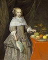 A Portrait Of An Eight-Year Old Girl, Standing Three-Quarter Length, Wearing A Silver-Grey Silk Dress With Coloured Ribbons, White Lace Cuffs And Collar, Pearl Earrings And Necklace, Standing Beside A Table Covered With A Red Tablecloth With A Wan-Li Kraa - Jan Albertz. Rotius
