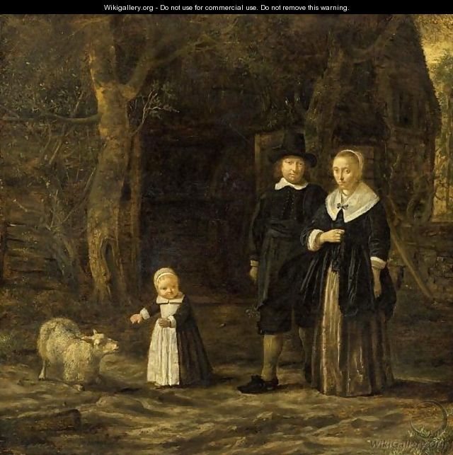 A Portrait Of An Elegant Couple, Standing Full-Length, With Their Child Playing With A Sheep, In A Garden Setting - Dutch School