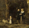 A Portrait Of An Elegant Couple, Standing Full-Length, With Their Child Playing With A Sheep, In A Garden Setting - Dutch School