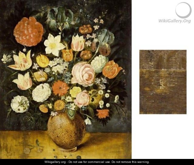 A Still Life With Roses, Tulips, Irises, A Daffodil, A Poppy Anemone, Marigolds, Red Turban Cup Lilies, Borage, Violets, Forget-Me-Nots And Other Flowers, All In A Stone Vase On A Wooden Ledge - (after) Jan The Elder Brueghel