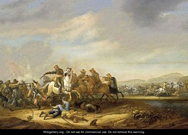 A Cavalry And Infantry Battle Scene Near A Stream - Abraham van der Hoef