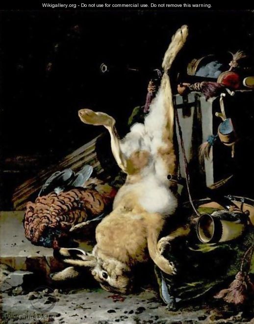 A Game Still Life With A Hung Hare, A Pheasant, A Horn, A Musket Barrel And Other Objects In A Classical Niche - Melchior de Hondecoeter