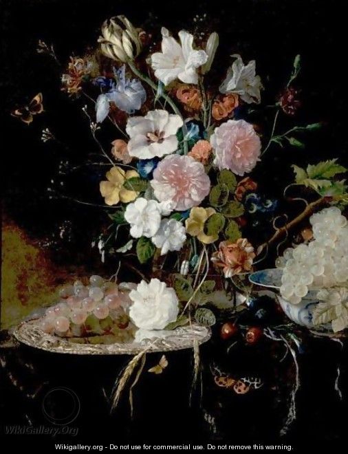 Still Life Of Roses, Lilies, Tulips, An Iris And Other Flowers Resting On A Table, With A Bunch Of Grapes On A Silver Platter And Another Bunch Of Grapes In A Blue And White Porcelain Bowl - Pieter Van Den Bosch