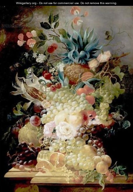 Still Life Of Various Fruits And Flowers On A Ledge Including A Pineapple And An Ear Of Corn - Jan Evert Morel