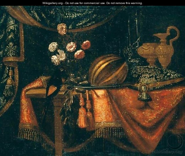 Natura Morta Con Vaso Di Fiori, Frutta, Brocca, Cuscino E Tappeto Su Un Tavolo - (after) Francesco (Il Maltese) Fieravino