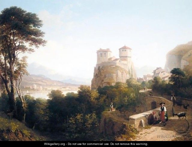 A Tyrolean Landscape With Peasants On A Path Leading To A Castle - Caleb Robert Stanley