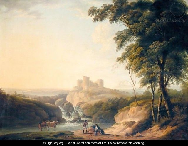 An Extensive Landscape With A View Of Chepstow Castle On A Hill Beyond - John Inigo Richards