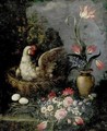 Still Life With Flowers And Hen - Italian School