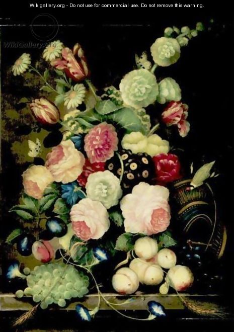 Still Life With Flowers, Grapes And Parrot - Dutch School