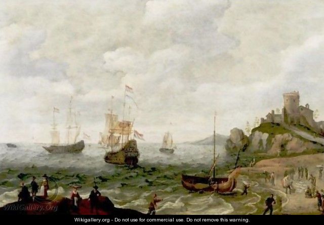 Coastal Landscape With Ships At Anchor And Fisherfolk - Isaac Willaerts